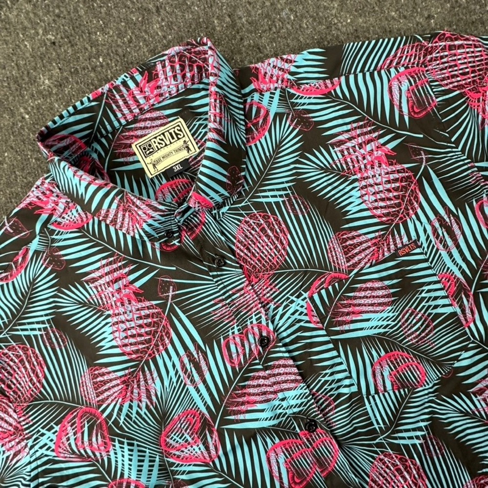 RSVLTS Miami Vice Kunuflex Shirt Mens 3XL Tropical Pineapple Button Down Black
